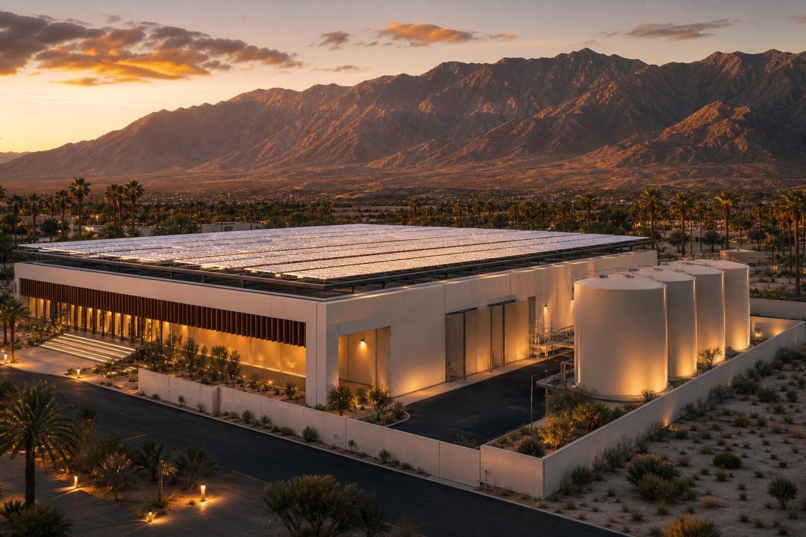 A desert data center with radiative sky-cooling panels and thermal storage tanks — no cooling towers