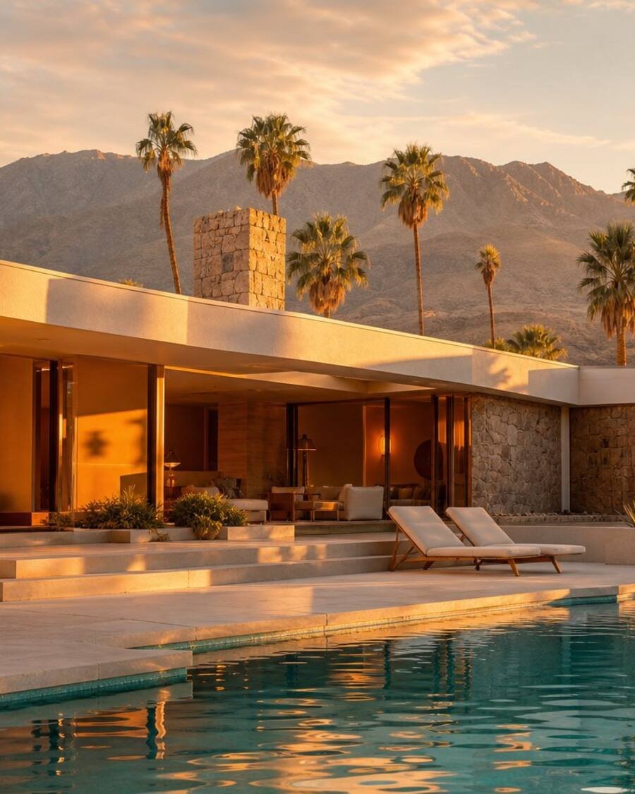 A mid-century modern home in Palm Springs at golden hour with date palms and mountains